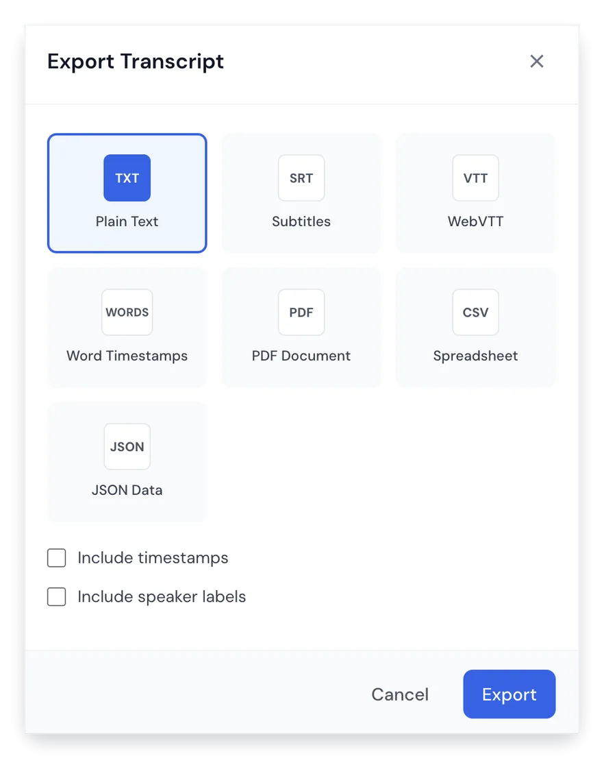 Eksportformater for transskription